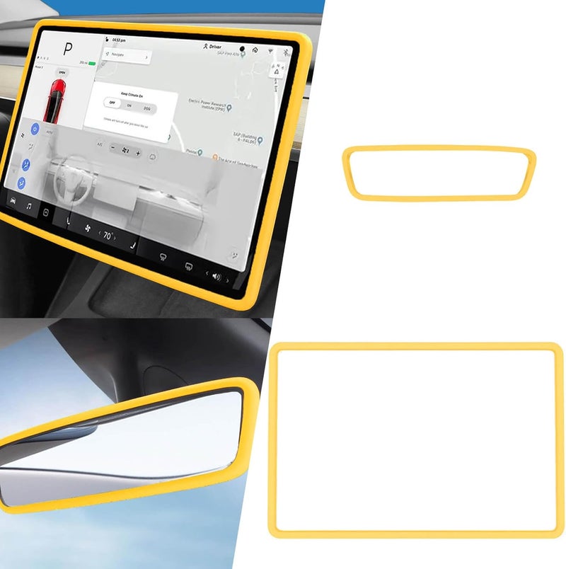 Yeapop 2Pcs Silicone Protector Frames of Screen and Rear View Mirror for Tesla Model 3 2017-2023 and Model Y 2019-Feb.2025. (Yellow) - Image 1